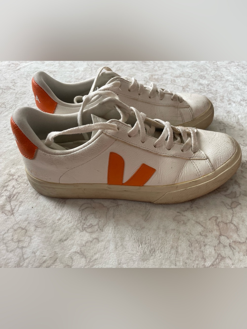 Veja White Leather Sneakers with Orange Accent - Picture 3 of 9